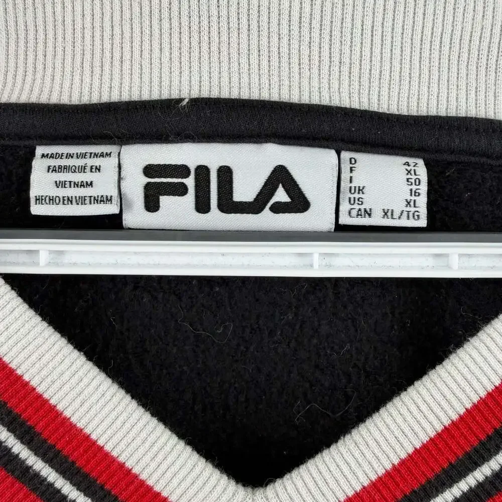 1413 Fila V-Neck Sweatshirt with Spellout Logo, Black, Size XL